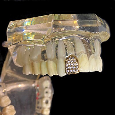 14K Gold Plated Single Iced Cap Premium Grillz Simulated CZ Top Canine Tooth