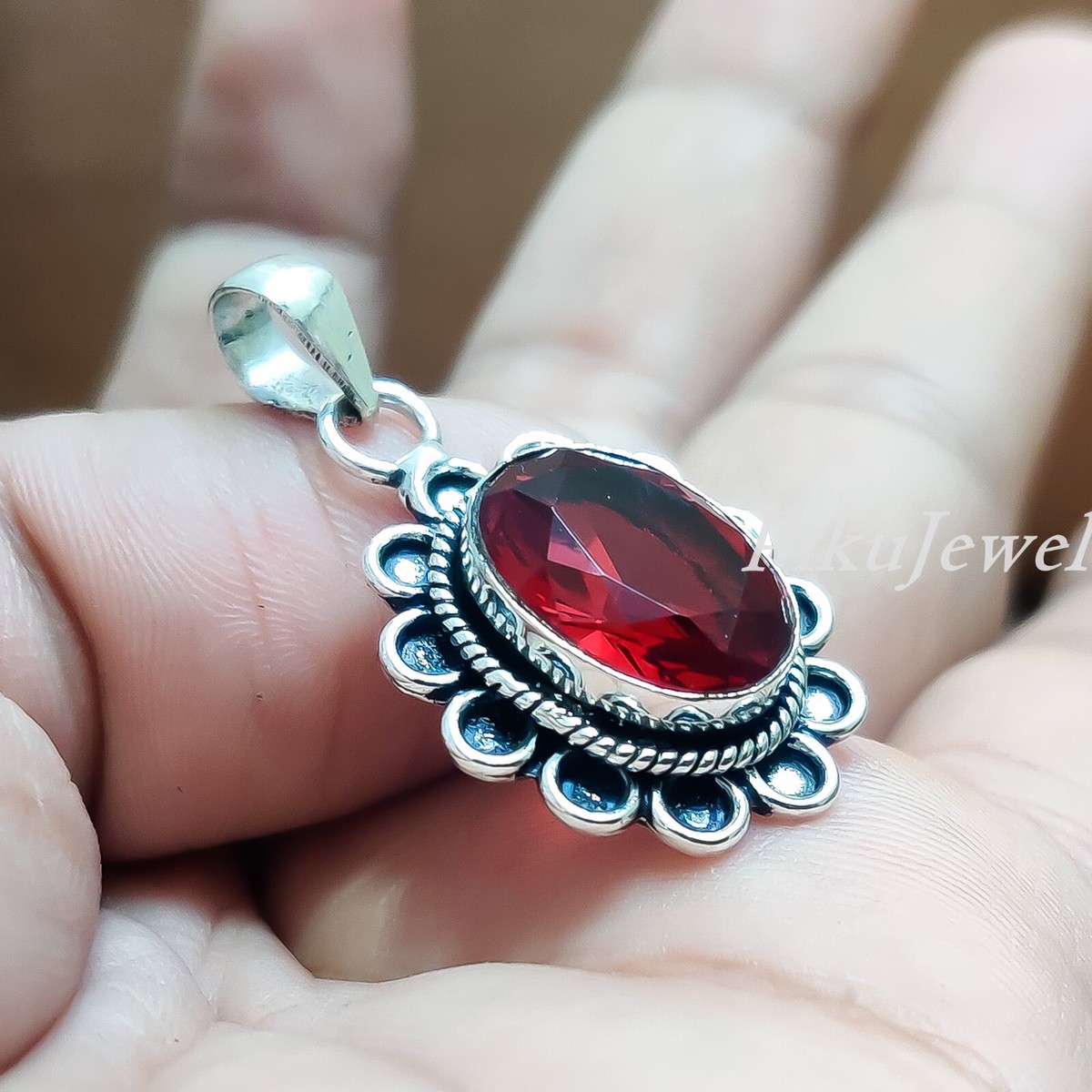 Faceted Garnet Oval Gemstone 925 Sterling Silver Pendant