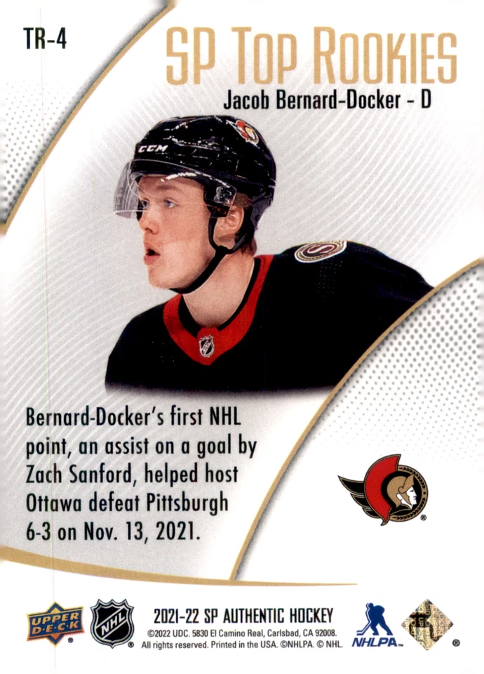 2021-22 SP Authentic #TR-4 Jacob Bernard-Docker SP Top Rookies - Image 2 of 2