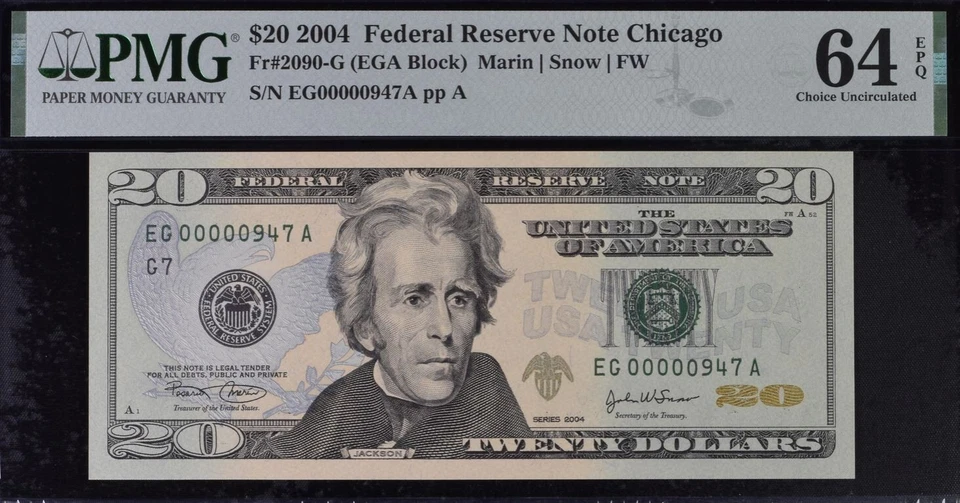 2004 $20 Federal Reserve Note PMG 64EPQ wanted popular low serial number 0000947 - Image 2 of 3