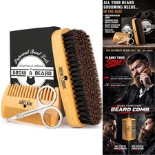 Beard Brush Comb Set Mustache Scissors Grooming Kit Boar Bristle Wood Travel Bag
