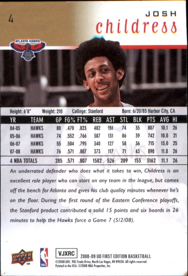 2008-09 Upper Deck First Edition #4 Josh Childress Gold - Image 2 of 2