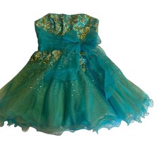 Sherri Hill Strapless Mini Dress Women's 6 Teal  Sequin Floral Tulle Bow Prom