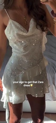 ZARA WOMAN SS25 OYSTER-WHITE SEQUIN RUFFLE MINI DRESS ALL