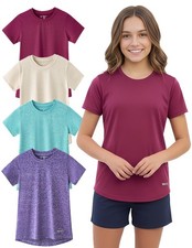 4 Pack: Youth Girls Athletic Shirts, Short Sleeve Dry Fit Apparel Tech Tshirt...