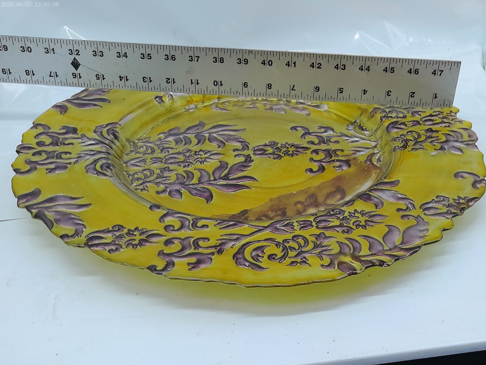 Vintage Reverse Painted Glass Charger Plate 13.5" Yellow Gold Baroque Damask image 3