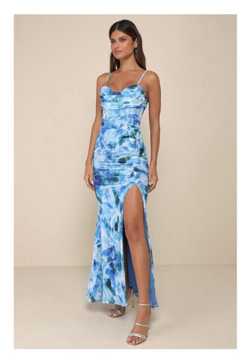 Lulus Stunning Wonder Blue Floral Mesh Bustier Mermaid Maxi Dress - Size S