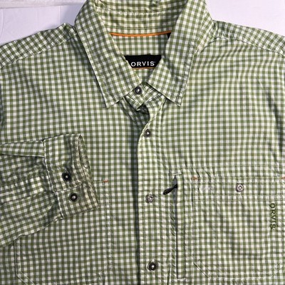 Orvis Men's Long Sleeve Button Down Green Gingham Shirt Cotton Blend Size Large