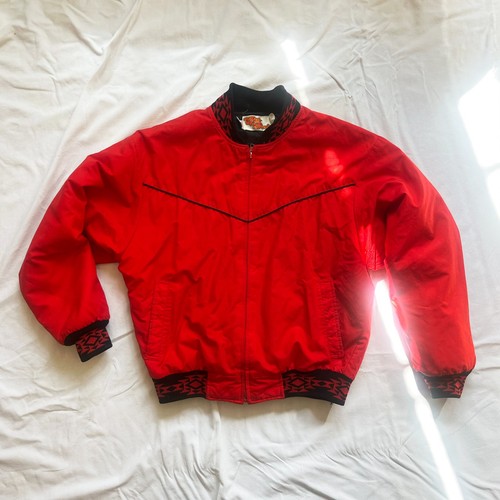 Red Vtg Comfy Casuals zip up jacket size M with western yoke, floral border, and angled front zipper closure.
