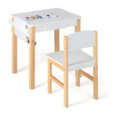 Kids Table and Chair Set Wooden Activity Drawing Study Desk w/Paper Roll  Drawer