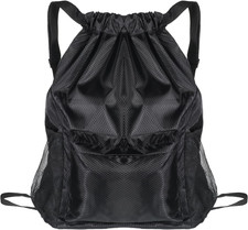 String Backpack, Sports Gym Drawstring Backpack with Water Bottle Pocket Black W