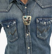 VTG Navajo Turquoise & Coral Sterling Silver Eagle Indian Nickel Bolo Tie 2x2”