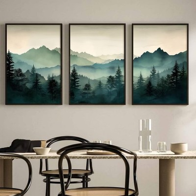 Mountain Wall Art Decor Set of 3 Sage Green Forest Canvas Wall Art Prints Nat