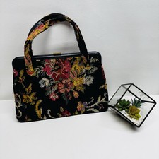 JR Vintage Antique Petit Point Floral Needlepoint Hand Bag Purse Gold Trim CLEAN