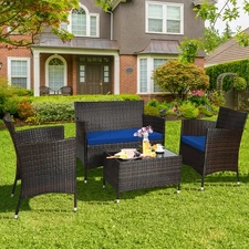 Patiojoy 4PCS Rattan Patio Furniture Set Cushioned Sofa Chair Coffee Table Navy