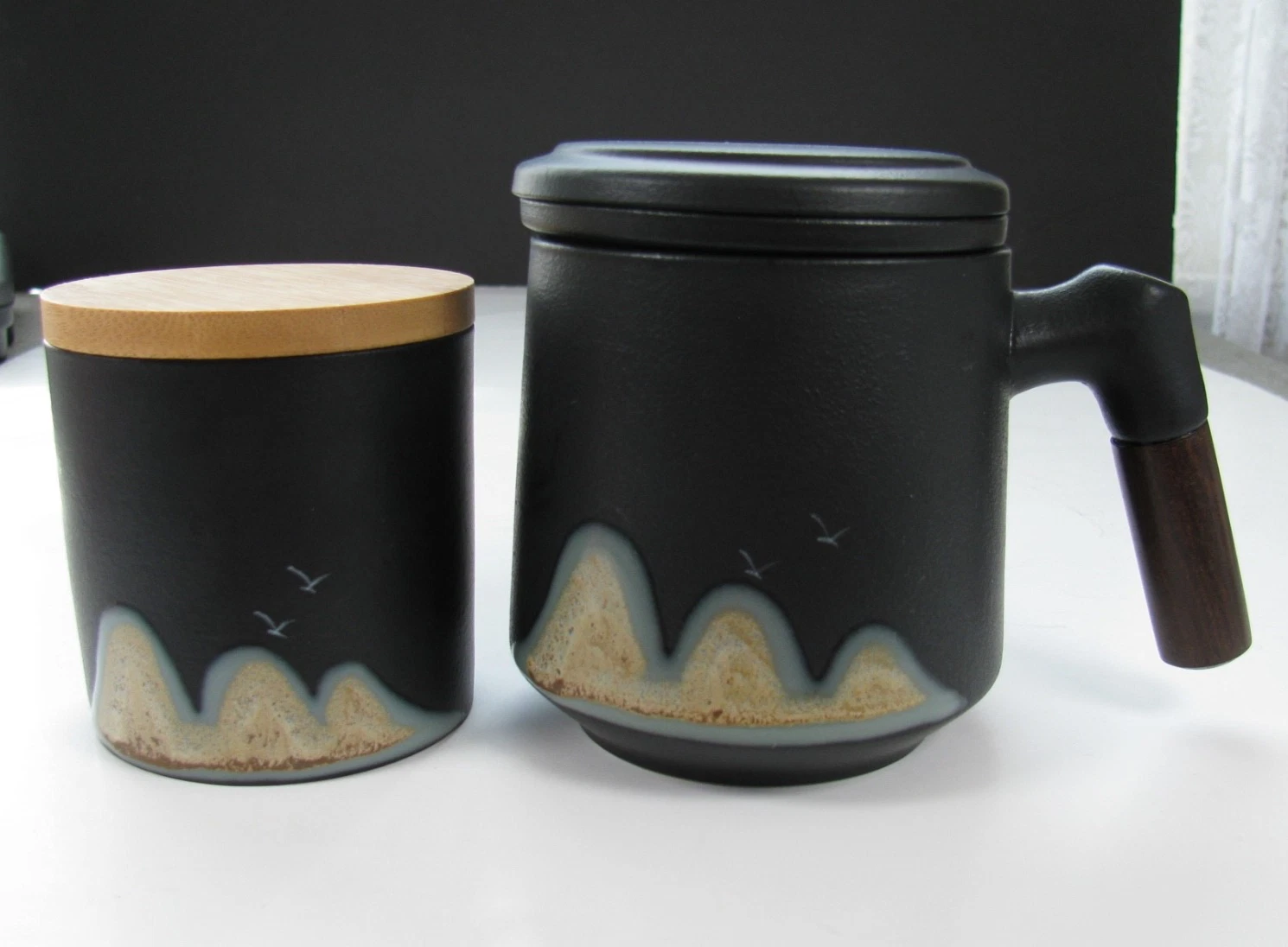 ZENS Ceramic Tea Cup Mug W/Infuser & Lid Plus Mini Covered Jar Canister- MINT
