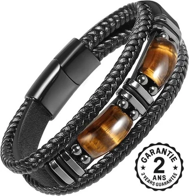 Bracelet Homme Cuir PU Tressé Corde Noir Pierres Oeil de Tigre Anti-Stress Bijou - Photo 1/4