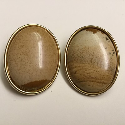 PRETTY PAIR OF OVAL POLISHED STONE CLIP ON EARRINGS EARTHTONE COLORS NICE