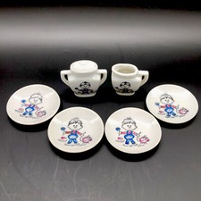 Vtg Child's Play Tea Coffee Set Miniature Porcelain Japan 6 Pcs Boy with Piggy