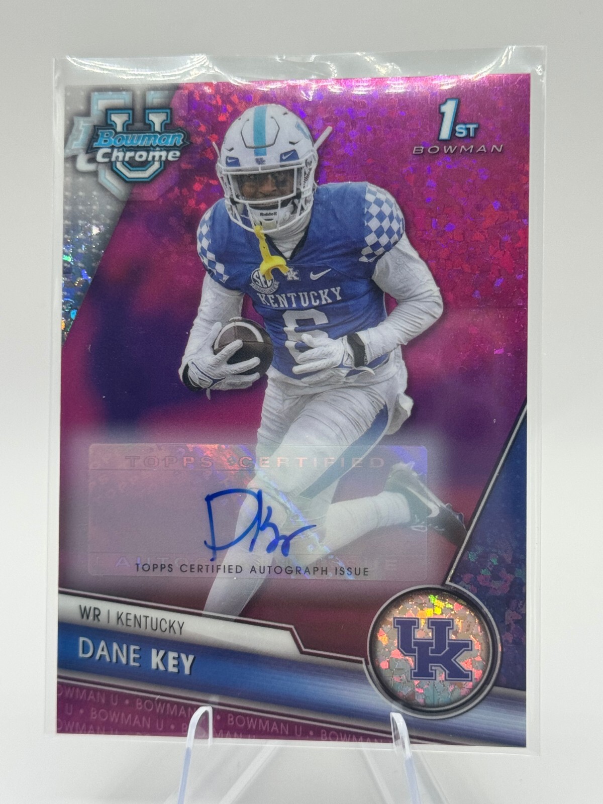 2023 Bowman University Chrome Dane Key Auto #80 Fuchsia Mini Diamond 138/150