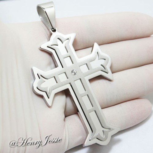 20"MEN Stainless Steel 6mm Silver Cuban Curb Necklace Icy CZ Cross Pendant*L5 - Picture 4 of 9