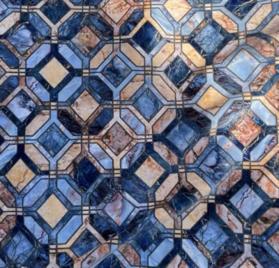 DESIGNERS FABRIC Marble Tiles Blue Cognac Yellow Printed Art Deco Velvet Fabric Home Upholstery