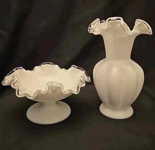Vintage Fenton Silver Crest Melon Vase Milk glass and bowl lot of 2