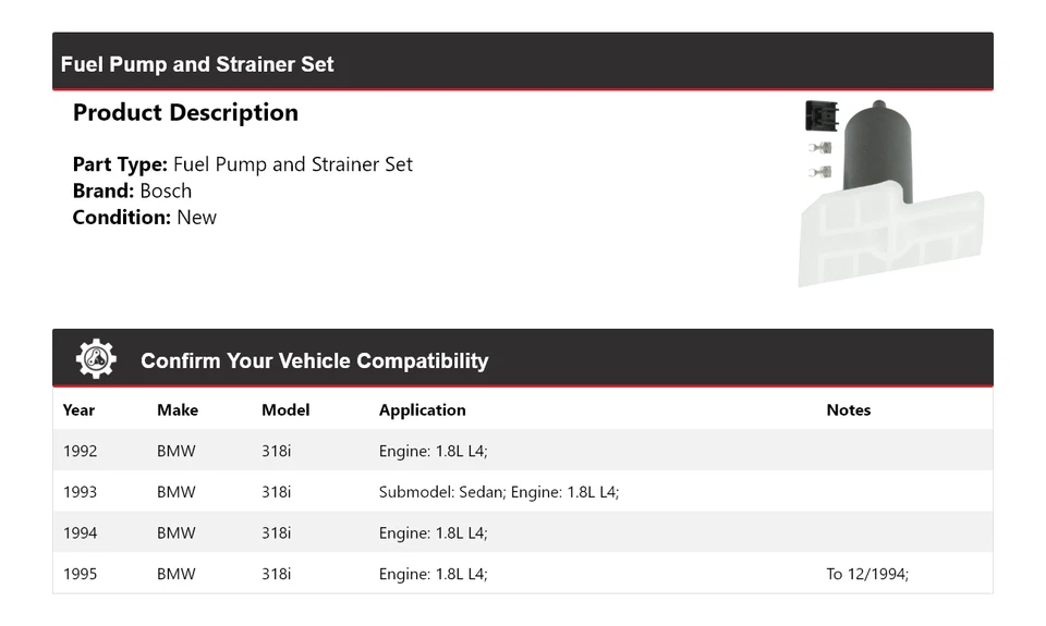 Juego de bomba de combustible y filtro Bosch 1993 1994 para BMW 318i 1992-1995 1,8 L L4 Foto 2 de 4