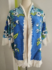 Vintage 60s Terrycloth Towel Pool Beach Coverup Blue Green w Fringe Sz. M
