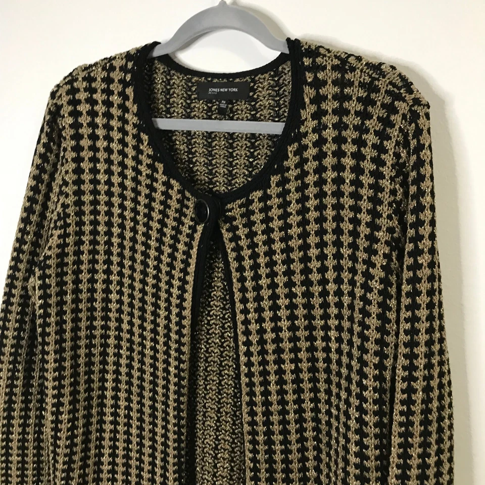 Suéter Cárdigan Jones New York Tejido Metálico Talla PM Pequeño Mediano Dorado Negro Foto 2 de 4