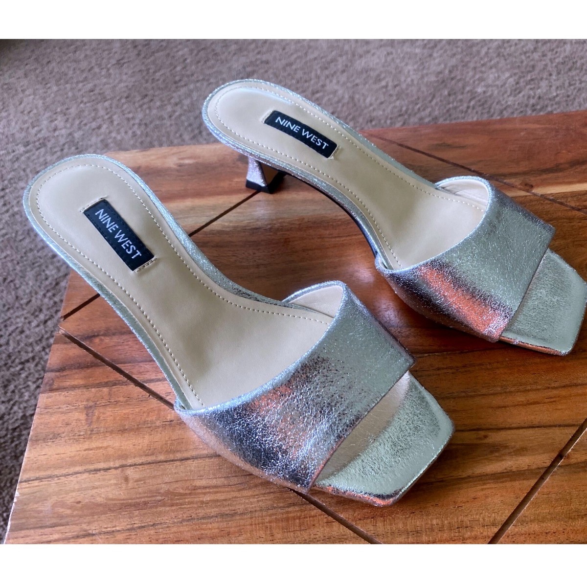 【Nine West】Jeweled Square-Toe Mules Nine West Silver Heels Mules Metallic Square Toe Kitten Heel