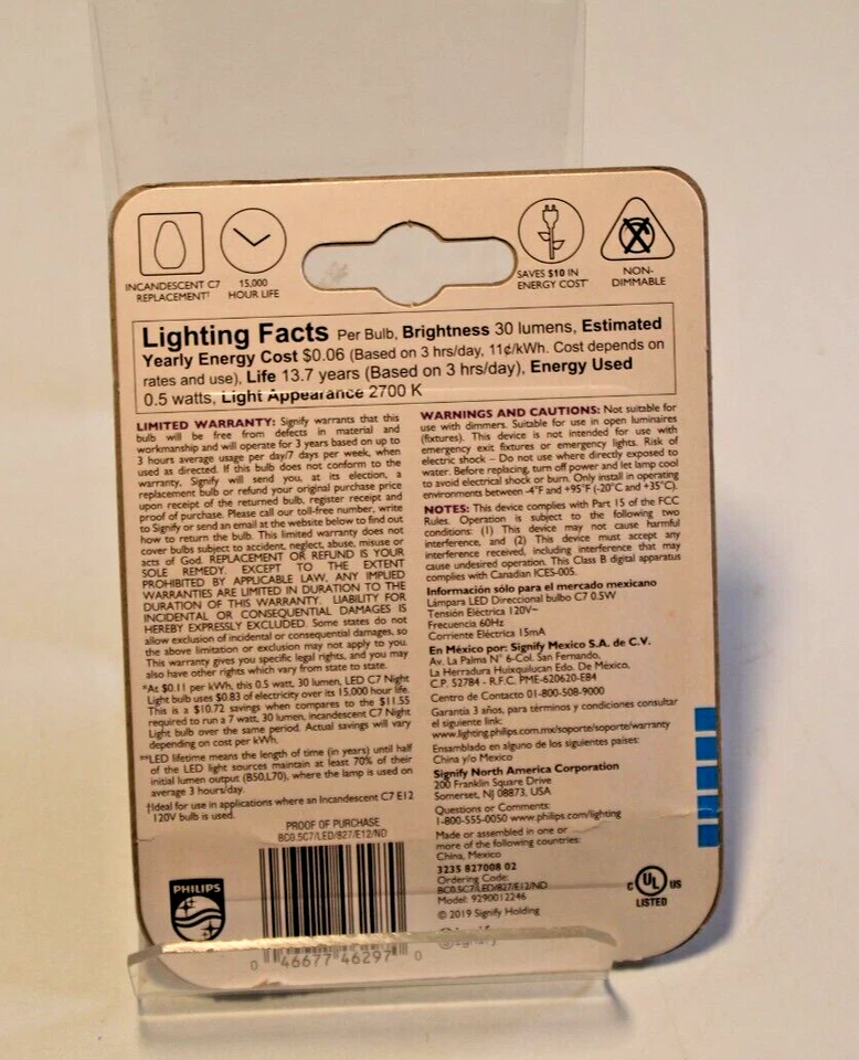 Philips 462977 7W Equivalent LED Soft White C7 Nightlight 2 Pack - Image 2 of 2