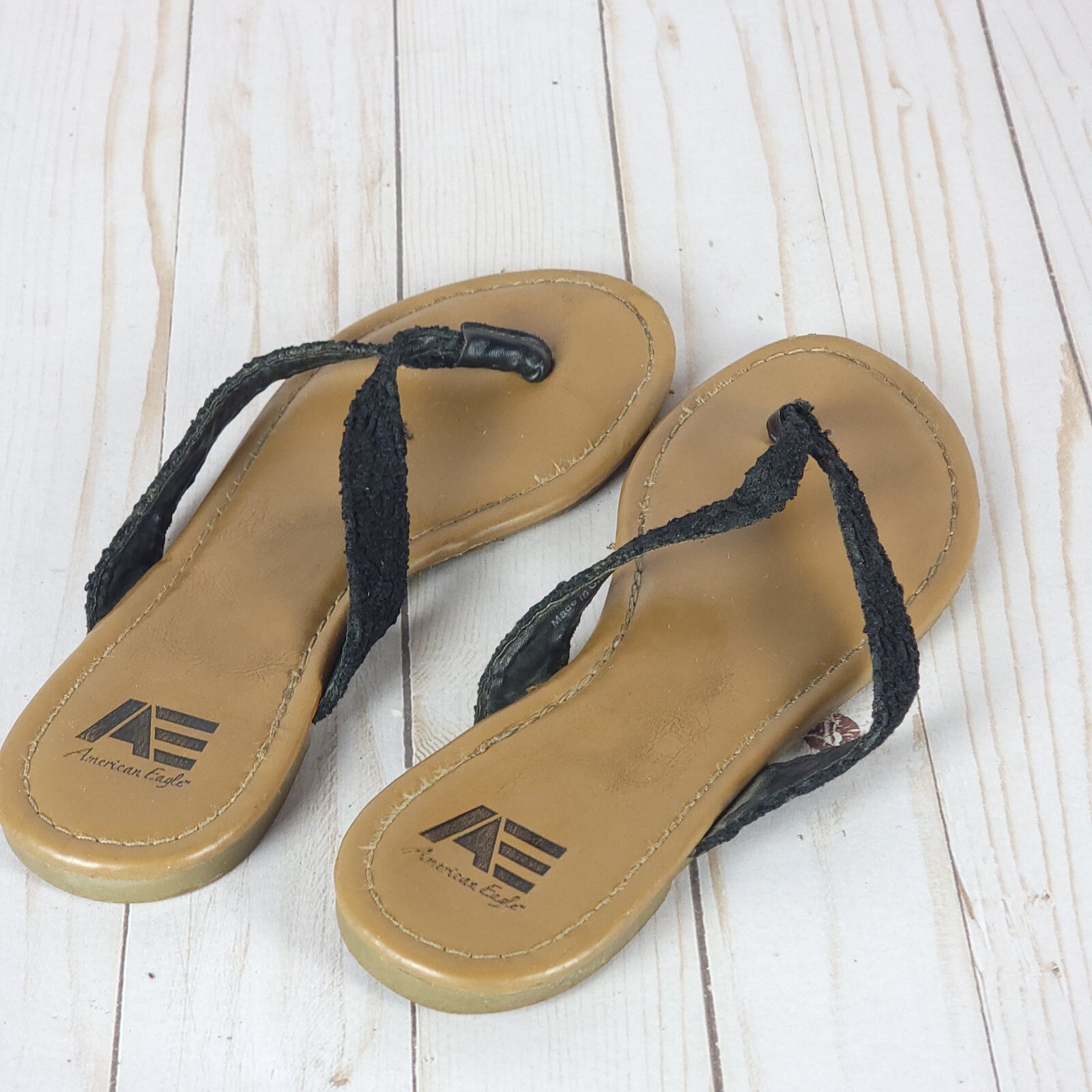 American Eagle Outfitters Flip Flop Sandals Womens Size 7 Black Leather  Strap | eBay
