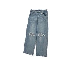 SheIn Wide Leg Jeans Women M Blue Distressed Baggy Raw Hem High Rise Denim