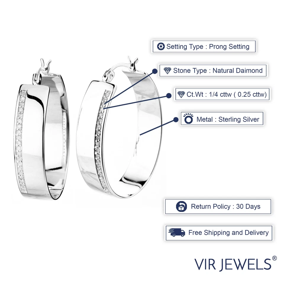 Aretes tipo argolla de diamantes de 1/4 quit para mujer de plata de ley rodio redondos de 1,50 pulgadas Foto 3 de 4