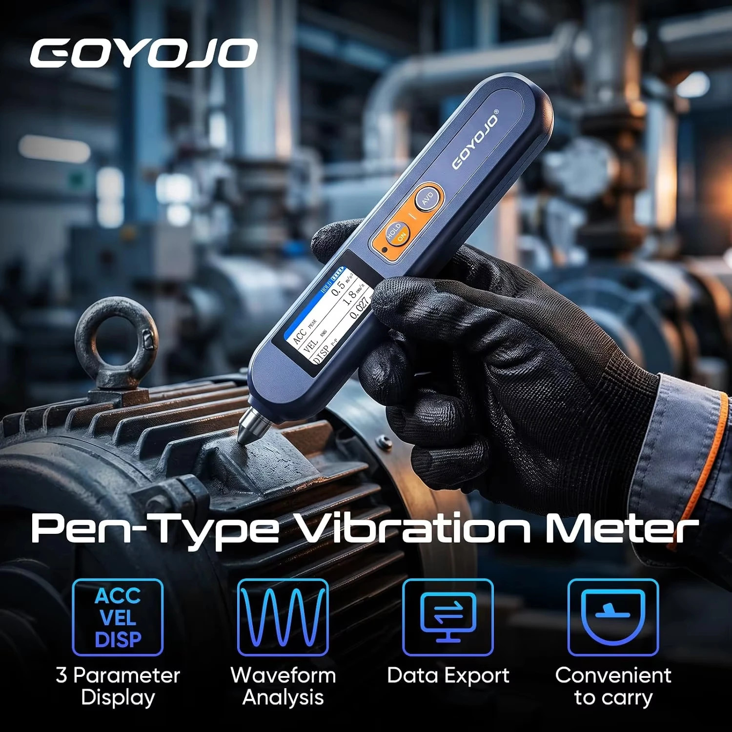 GOYOJO Pen-Type Vibration Meter Handheld Tester Data Hold Motors HVAC Engines