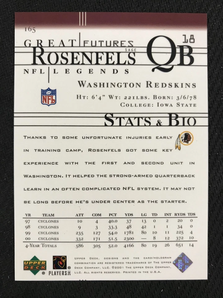 2001 Upper Deck Legends #165 Sage Rosenfels /750 Washington Redskins - Image 2 of 2