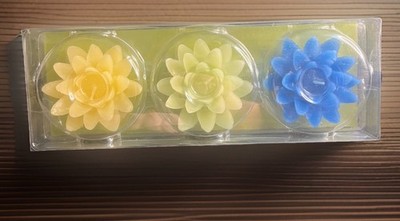 Beautiful Crate & Barrel 3 pack Floating Lotus Candles Yellow, Green, Blue NIB