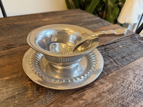 Vintage Pewter Gravy/Sauce Boat Set with Spoon and Rope-Edge Plate