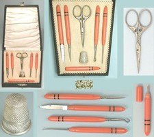 Set of Antique Bakelite Art Deco Sewing Tools/ Thimble, Crochet Hook +* C1910-20