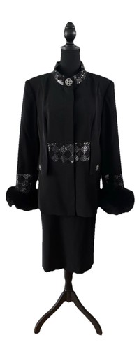 Louise Ricci 2pc Black Skirt Suit w/Fur Cuffs, Sequin and Rhinestone Size 14 NWT