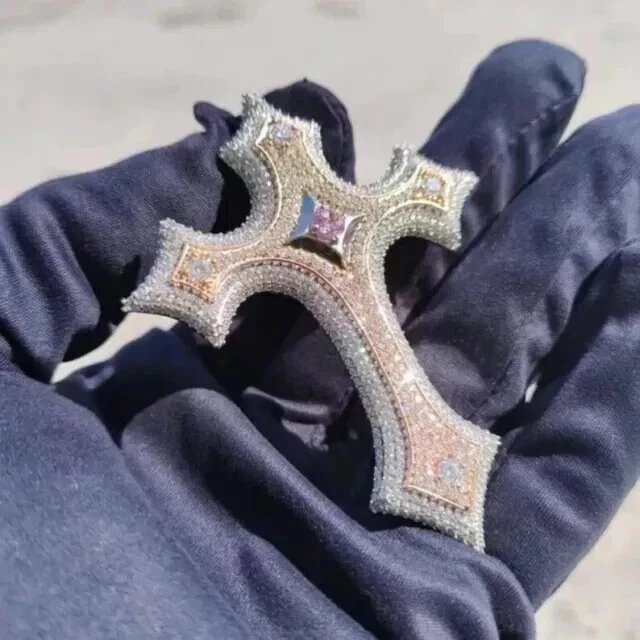 FINE 14k Tow Tone Gold Plated Men's 3Ct Round Cut Moissanite Cross Charm Pendant - Image 4 of 4