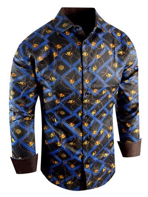 Designer Italian Shirt Floral Stripe Abstract Silky Stretch Mens Slim Fit Button