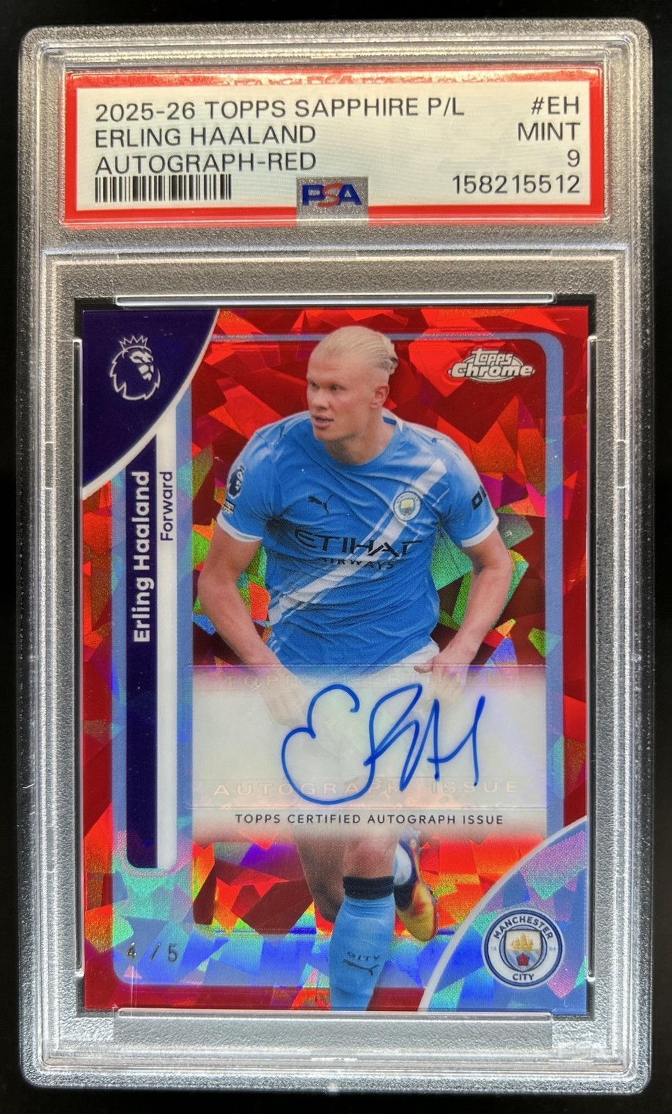 2025-26 Topps Chrome Sapphire EPL Erling Haaland Red Refractor Auto #/5 PSA 9 view 1