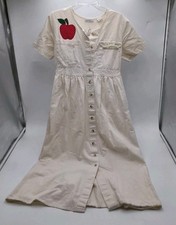 Sunbelt Cream Colored Button down dress with apple applique Pockets Small VTG 