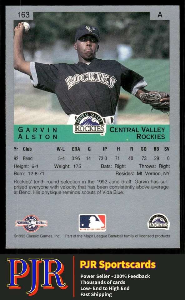 Garvin Alston 1993 Classic Best #163 Central Valley Rockies - Image 2 of 2
