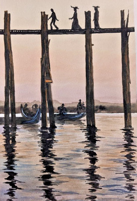Venice Carnival Watercolor Art A4 Gondolas, Reflections Masquerade Bridge Scene