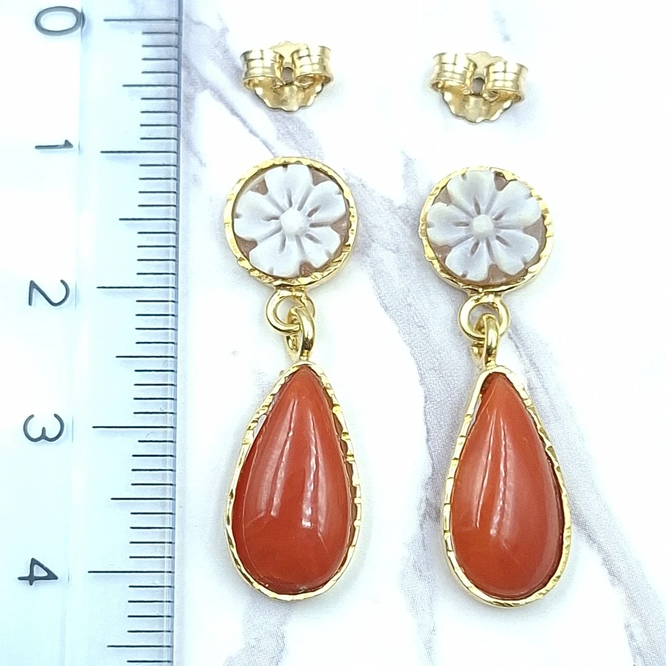 Antichi Orecchini A Goccia Cameo Corallo Sardegna Rosso Bottoni Argento 925 Oro - Immagine 3 di 4