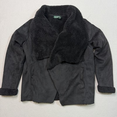 Lauren Ralph Lauren Black Faux Suede Shearling Open Front Coat Jacket P-medium