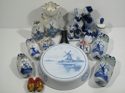 Lot of 17 VTG DELFT Blue~White Holland~Windmill~Pan~Shoe~Children~Bell~Vase